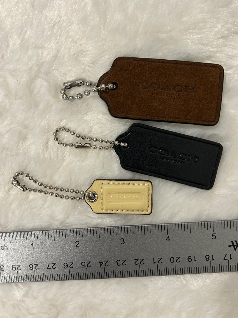 3 Coach Leather Hang Tags Black, Brown, Cream & Silver Ball & Chains